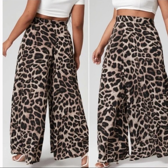Plus Boho Tan leopard print wide leg palazzo pants - Picture 3 of 3